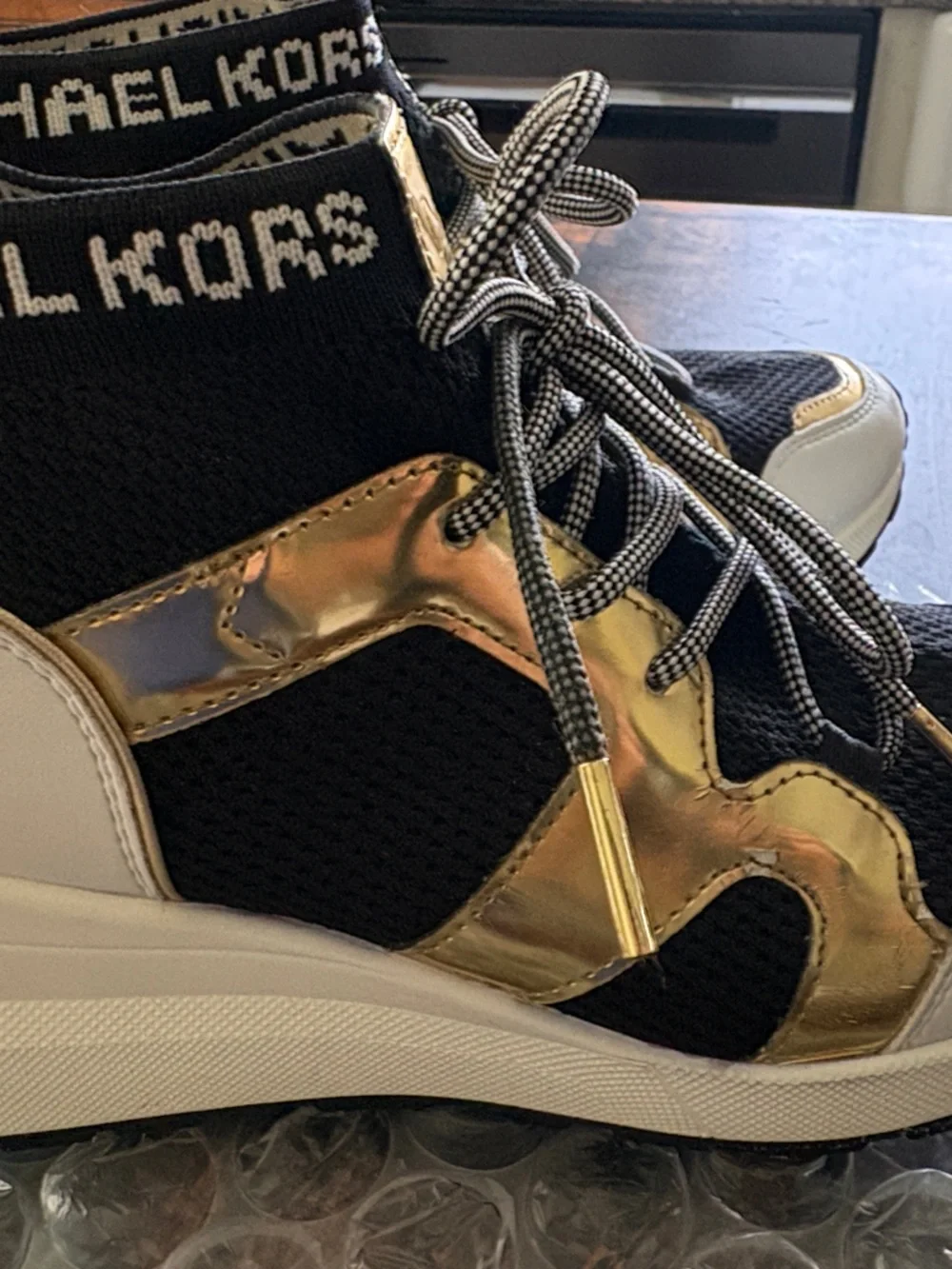 Michael Kors Black, Gold and White Knit Wedge Sneakers